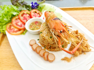 Close-up fried rice with shrimp on white plate