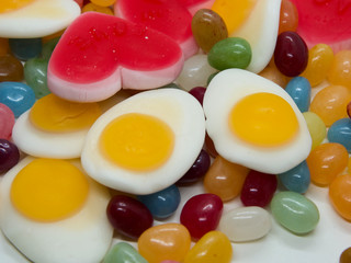 Colorful and lovely collection of sweet jelly(jelly bean, heart shaped jelly, sunny side up egg shaped jelly)