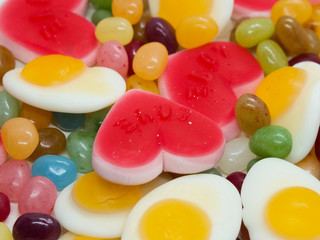 Colorful and lovely collection of sweet jelly(jelly bean, heart shaped jelly, sunny side up egg shaped jelly)