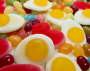 Colorful and lovely collection of sweet jelly(jelly bean, heart shaped jelly, sunny side up egg shaped jelly)