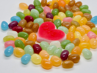 Colorful and lovely collection of sweet jelly(jelly bean, heart shaped jelly, sunny side up egg shaped jelly)