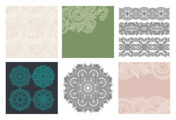 set of original line art ornate flower design and circle ornamental geometric doily pattern