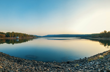 landscape with lake and blue sky
