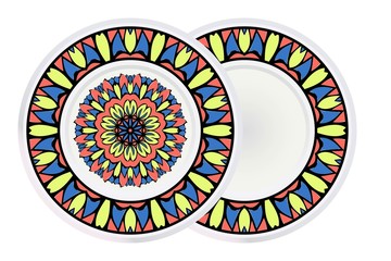 Mandala circular abstract floral lace pattern. Set of 2 matching decorative plates. Decorative mandala ornament. Vector illustration.