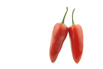 two red jalapeno peppers on a white background