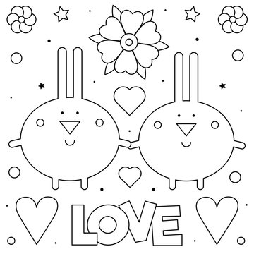 Rabbits. Coloring page. Black and white vector illustration.