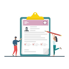 Medical Check List Clipboard. Prescription of medicines, filling the health insurance, medical card, clinical record, medical check marks report, medical report. Vector illustration.