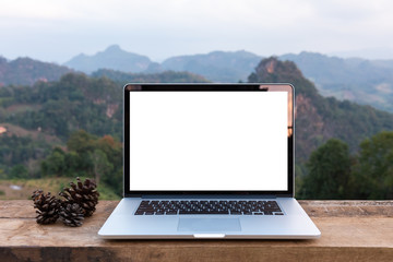 Laptop computer and pine cones on wooden table with mountain view