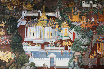 Thai Mural Painting in Wat Phra Kaew Temple, Bangkok, Thailand