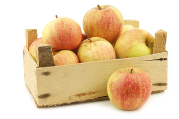 fresh cooking apples in a wooden crate on a white background