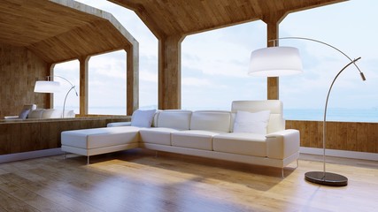 Large sofa in the living room, sea view - 3d render