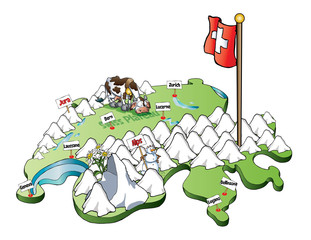 Map of Switzerland with mountains, lakes, cities, fauna and flora