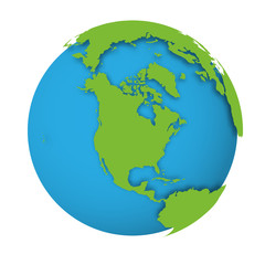 Natural Earth globe. 3D world map with green lands dropping shadows on blue seas and oceans. Vector illustration