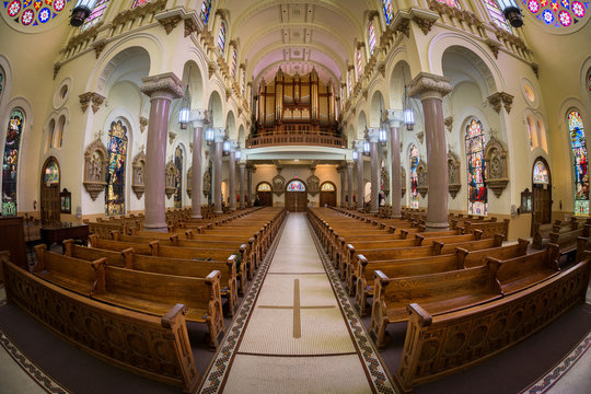 Fisheye perspective of the pipe organ in the rear of the Sacred Heart Catholic Church in downtown Tampa, Florida