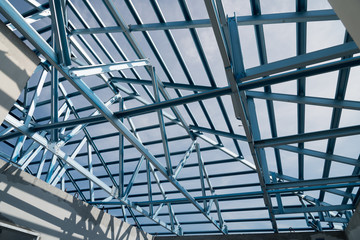 Structure of steel roof frame for building construction.