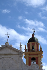 church and bell tower,religion,sky,cross,blue,temple,Italy,religious,cloud,bell,old