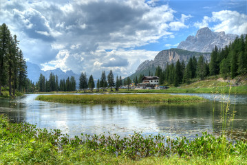 Beautiful nature view at lake at Dolomites Alps. Italy