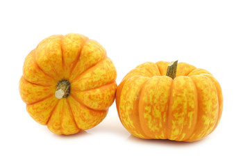 Small yellow and orange pumpkins on a white background