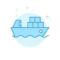 Container Ship Flat Vector Icon, Symbol, Pictogram, Sign. Light Blue Monochrome Design. Editable Stroke
