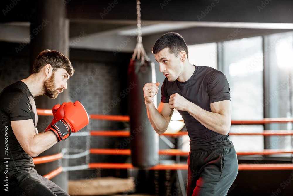 Wall mural Boxing trainer showing to a man how to fight, teaching to box in the boxing ring at the gym