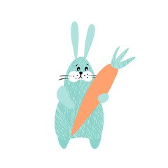 vector blue funny cute illustration of rabbit bunny with carrot for children design textile clothes card