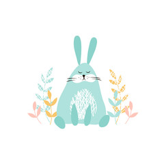 vector blue rabbit animal cartoon cute funny illustration children design on white for card textile paper