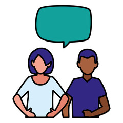 young interracial couple with speech bubble