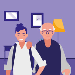 cute grandfather with son characters