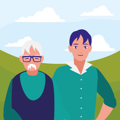 cute grandfather with son characters