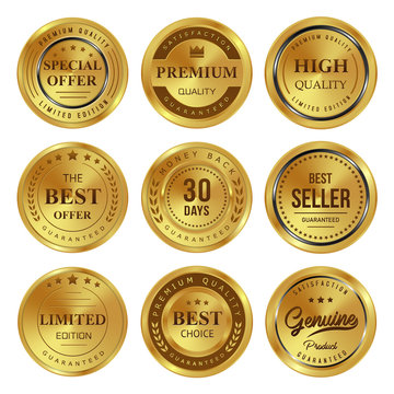 set of gold badges and labels