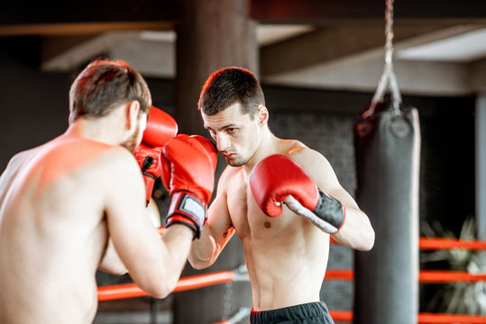 Two professional boxers in black sportswear during the fight on the boxing ring at the gym - Powered by Adobe