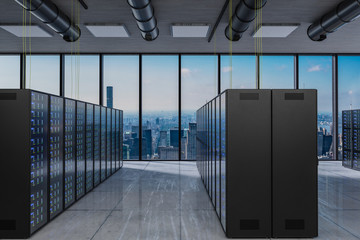large clean modern server room with skyline view large windows, 3D Illustration