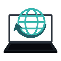 laptop with global sphere and arrow