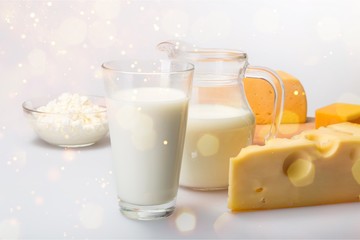 Dairy Products- Cheeses and Milk on the Grey Background