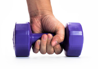 Man's hand holding dumbbell isolated on white background. Close up. Concept of healthy lifestyle