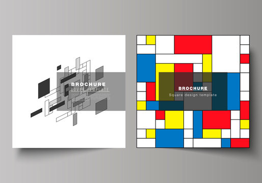 The minimal vector layout of two square format covers design templates for brochure, flyer, magazine. Abstract polygonal background, colorful mosaic pattern, retro bauhaus de stijl design.