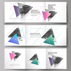 The minimal vector editable layout of square format covers design templates for trifold brochure, flyer, magazine. Colorful polygonal background with triangles, modern memphis pattern.