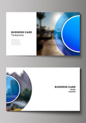 The minimalistic abstract vector illustration of the editable layout of two creative business cards design templates. Creative modern blue background with circles and round shapes.