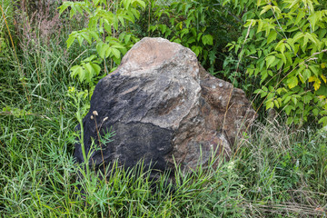 Old natural grey stone in the high green grass. Outdoors texture.