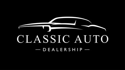 Classic American style sports muscle car dealership logo. Retro style V8 auto garage vehicle silhouette icon. Vector illustration.