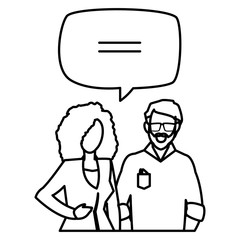 young couple with speech bubble characters