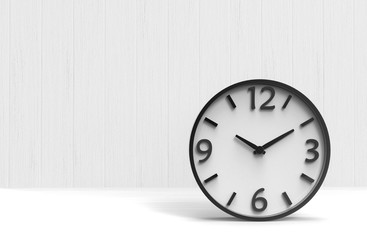 3d rendering. modern white victory time clock on wooden floor and copy space wall background.