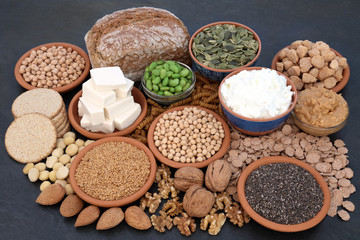 Super food for vegans with tofu bean curd, almond butter and yoghurt, legumes, sos mix, cereals, nuts, seeds, crackers & wholegrain bread. High in antioxidants, dietary fibre, omega 3 & vitamins.