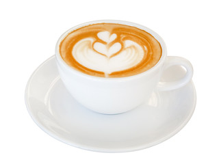 Coffee latte art flower shape, hot cappuccino isolated on white background, clipping path
