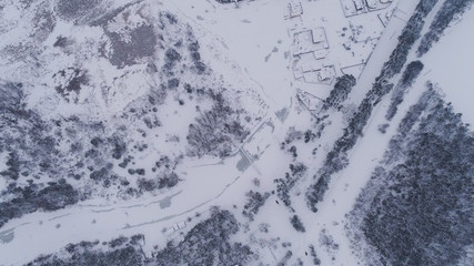 Frozen river and forest in snow view Fromm 500 meter , drone shoot ,areal photo 