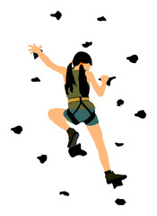 Extreme sport woman climb skill without rope. Girl climbing vector illustration, isolated on background. Sport weekend action in adventure park. Rock wall for fun. Tough and healthy climber discipline