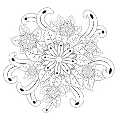 floral mandalaa stylized circular ornament. floral mandala. black-and-white drawing. coloring book for children and adults. page for artbook.