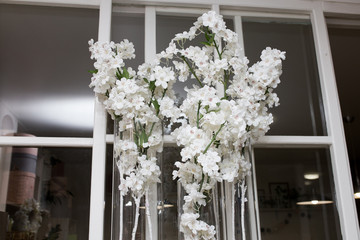 white flower Ikibana on a black background, bouquet in a glass vase, ebony, bouquet