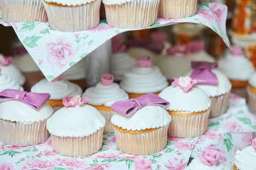 Tasty cupcakes, vanilla cupcakes with pink and white cream, selective focus, close up 