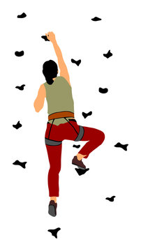 Extreme sports girl climb without rope. Woman climbing vector illustration isolated. Sport weekend action in adventure park. Rock wall for fun. Tough and healthy discipline.  Climbers skills. Workout.